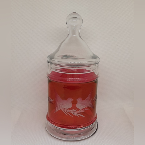 Vintage Etched Cranberry Flash Glass Jar Doves Birds - Picture 12 of 12
